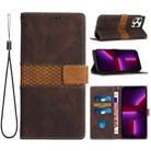 For iPhone 15 Pro Max Grid Stitching Leather Phone Case with Lanyard(Brown) - 1