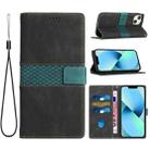 For iPhone 15 Grid Stitching Leather Phone Case with Lanyard(Black) - 1