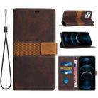 For iPhone 14 Plus Grid Stitching Leather Phone Case with Lanyard(Brown) - 1