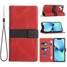 For iPhone 14 Grid Stitching Leather Phone Case with Lanyard(Red) - 1