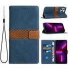 For iPhone 14 Pro Grid Stitching Leather Phone Case with Lanyard(Blue) - 1