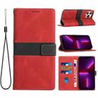 For iPhone 14 Pro Grid Stitching Leather Phone Case with Lanyard(Red) - 1