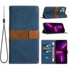 For iPhone 13 Pro Max Grid Stitching Leather Phone Case with Lanyard(Blue) - 1