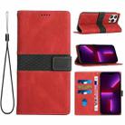 For iPhone 13 Pro Max Grid Stitching Leather Phone Case with Lanyard(Red) - 1