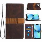 For iPhone 13 Grid Stitching Leather Phone Case with Lanyard(Brown) - 1