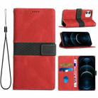 For iPhone 12 mini Grid Stitching Leather Phone Case with Lanyard(Red) - 1