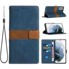 For Samsung Galaxy S21 5G Grid Stitching Leather Phone Case with Lanyard(Blue) - 1