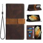 For Samsung Galaxy S21 Ultra 5G Grid Stitching Leather Phone Case with Lanyard(Brown) - 1