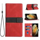 For Samsung Galaxy S21 Ultra 5G Grid Stitching Leather Phone Case with Lanyard(Red) - 1