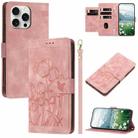 For iPhone 16 Pro Max Tulips Embossed Leather Phone Case with Lanyard(Pink) - 1