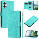 For iPhone 16 Plus Tulips Embossed Leather Phone Case with Lanyard(Green) - 1