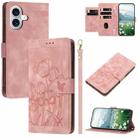 For iPhone 16 Tulips Embossed Leather Phone Case with Lanyard(Pink) - 1