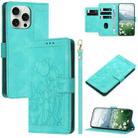 For iPhone 15 Pro Max Tulips Embossed Leather Phone Case with Lanyard(Green) - 1