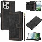 For iPhone 15 Pro Tulips Embossed Leather Phone Case with Lanyard(Black) - 1