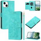 For iPhone 15 Plus Tulips Embossed Leather Phone Case with Lanyard(Green) - 1