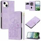 For iPhone 15 Tulips Embossed Leather Phone Case with Lanyard(Purple) - 1