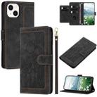 For iPhone 15 Tulips Embossed Leather Phone Case with Lanyard(Black) - 1