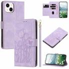 For iPhone 14 Tulips Embossed Leather Phone Case with Lanyard(Purple) - 1