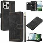 For iPhone 14 Pro Tulips Embossed Leather Phone Case with Lanyard(Black) - 1