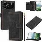 For iPhone 17 Pro Tulips Embossed Leather Phone Case with Lanyard(Black) - 1