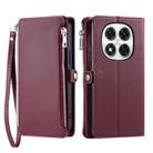 For Redmi Note 14 Pro 4G Leather Stitching Multi-card Slot Zipper Phone Case(Wine Red) - 1