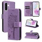 For Samsung Galaxy A56 5G Tree & Cat Embossed Pattern Flip Leather Phone Case(Light Purple) - 1