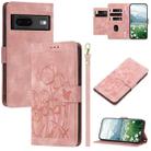 For Google Pixel 7 Tulips Embossed Leather Phone Case with Lanyard(Pink) - 1