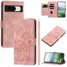 For Google Pixel 8 Tulips Embossed Leather Phone Case with Lanyard(Pink) - 1