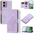For Motorola Moto G34 Tulips Embossed Leather Phone Case with Lanyard(Purple) - 1