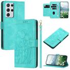 For Samsung Galaxy S21 Ultra 5G Tulips Embossed Leather Phone Case with Lanyard(Green) - 1