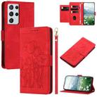 For Samsung Galaxy S21 Ultra 5G Tulips Embossed Leather Phone Case with Lanyard(Red) - 1