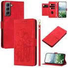 For Samsung Galaxy S21 FE 5G Tulips Embossed Leather Phone Case with Lanyard(Red) - 1