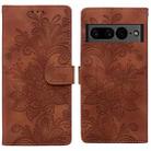 For Google Pixel 7 Lace Floral Embossed Magnetic Buckle PU Phone Case With Wrist Strap(Brown) - 1