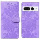 For Google Pixel 7 Pro Lace Floral Embossed Magnetic Buckle PU Phone Case With Wrist Strap(Purple) - 1