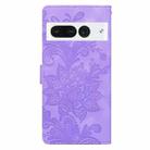 For Google Pixel 7 Pro Lace Floral Embossed Magnetic Buckle PU Phone Case With Wrist Strap(Purple) - 3