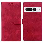 For Google Pixel 7 Pro Lace Floral Embossed Magnetic Buckle PU Phone Case With Wrist Strap(Red) - 1