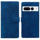 For Google Pixel 7 Pro Lace Floral Embossed Magnetic Buckle PU Phone Case With Wrist Strap(Blue) - 1