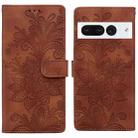 For Google Pixel 7 Pro Lace Floral Embossed Magnetic Buckle PU Phone Case With Wrist Strap(Brown) - 1