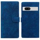 For Google Pixel 7A Lace Floral Embossed Magnetic Buckle PU Phone Case With Wrist Strap(Blue) - 1