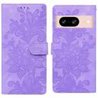 For Google Pixel 8 Lace Floral Embossed Magnetic Buckle PU Phone Case With Wrist Strap(Purple) - 1