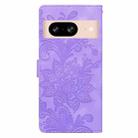 For Google Pixel 8 Lace Floral Embossed Magnetic Buckle PU Phone Case With Wrist Strap(Purple) - 3