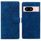 For Google Pixel 8 Lace Floral Embossed Magnetic Buckle PU Phone Case With Wrist Strap(Blue) - 1