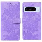 For Google Pixel 8 Pro Lace Floral Embossed Magnetic Buckle PU Phone Case With Wrist Strap(Purple) - 1