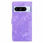 For Google Pixel 8 Pro Lace Floral Embossed Magnetic Buckle PU Phone Case With Wrist Strap(Purple) - 3