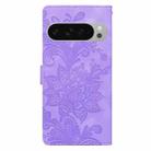 For Google Pixel 9 / 9 Pro Lace Floral Embossed Magnetic Buckle PU Phone Case With Wrist Strap(Purple) - 3