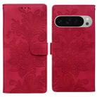 For Google Pixel 9 / 9 Pro Lace Floral Embossed Magnetic Buckle PU Phone Case With Wrist Strap(Red) - 1