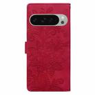 For Google Pixel 9 / 9 Pro Lace Floral Embossed Magnetic Buckle PU Phone Case With Wrist Strap(Red) - 3