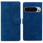 For Google Pixel 9 / 9 Pro Lace Floral Embossed Magnetic Buckle PU Phone Case With Wrist Strap(Blue) - 1