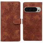 For Google Pixel 9 / 9 Pro Lace Floral Embossed Magnetic Buckle PU Phone Case With Wrist Strap(Brown) - 1