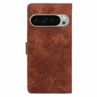 For Google Pixel 9 / 9 Pro Lace Floral Embossed Magnetic Buckle PU Phone Case With Wrist Strap(Brown) - 3